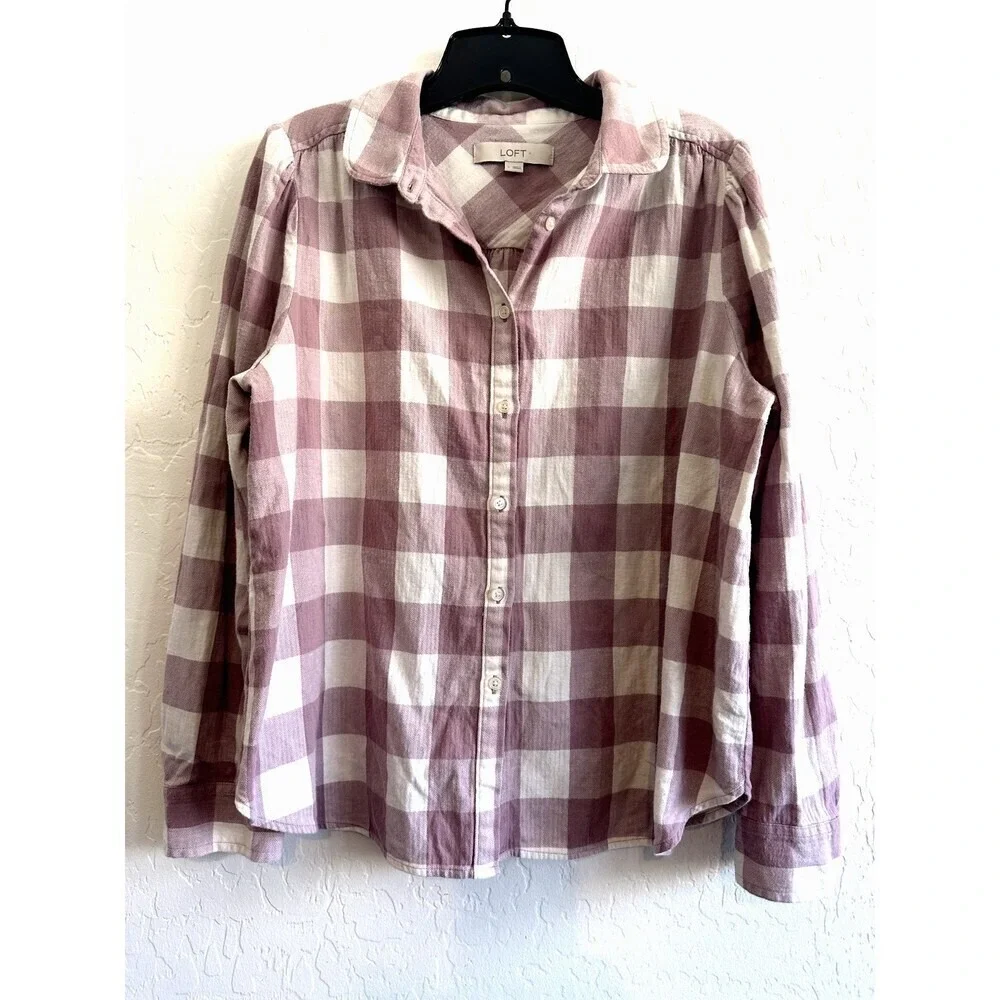 Ann Taylor Loft Women's Plaid Button Up Top Size L western‎ hippie cowboy